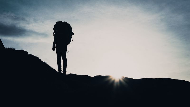 silhouette, tourist, hill, backpack, 4k