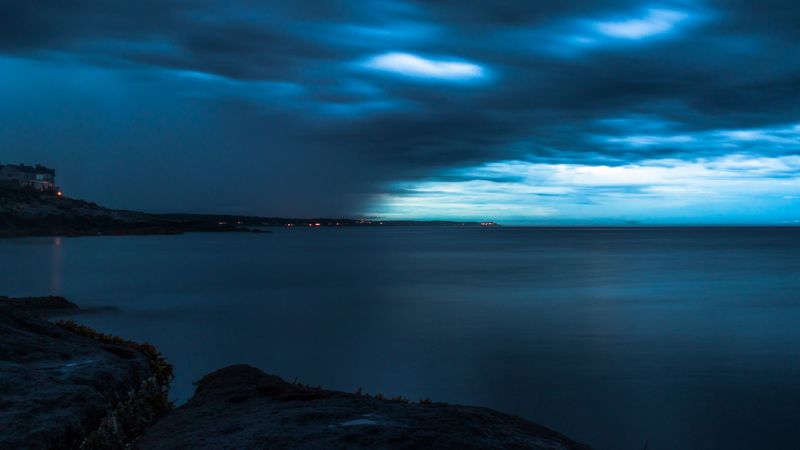 horizon, twilight, storm, sky, clouds, shore, 4k