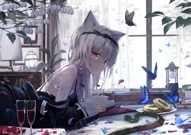 anime, anime girls, digital art, artwork, 2D, cat girl, wine, snake, butterflies