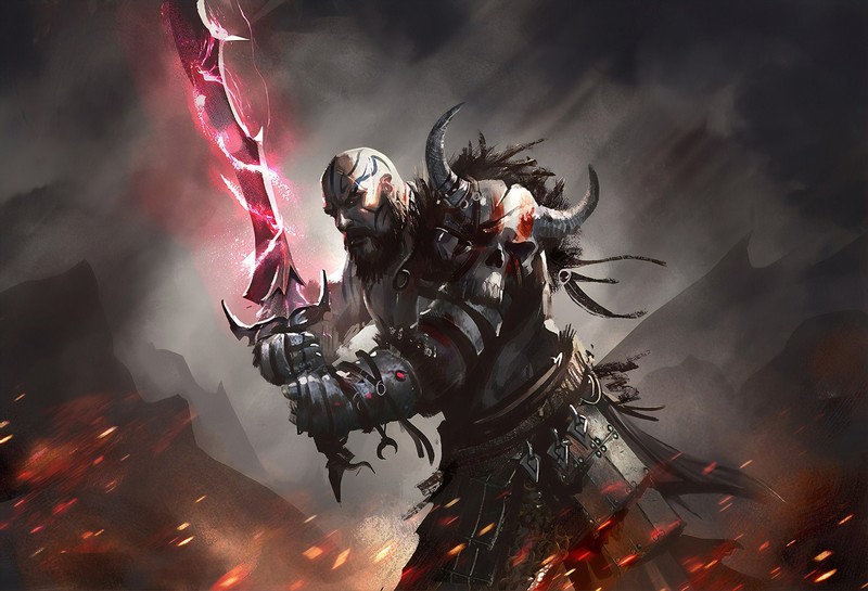 artwork, fantasy art, warrior, sword, skull, horns