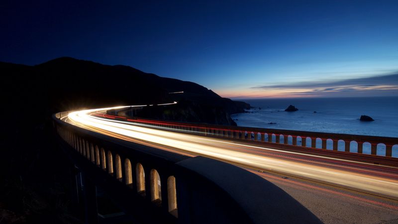 bridge, lights, night, turn, long exposure, 4k