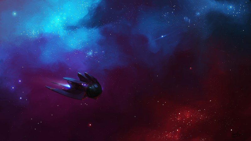space, space art, science fiction, vehicle, spaceship, red, blue