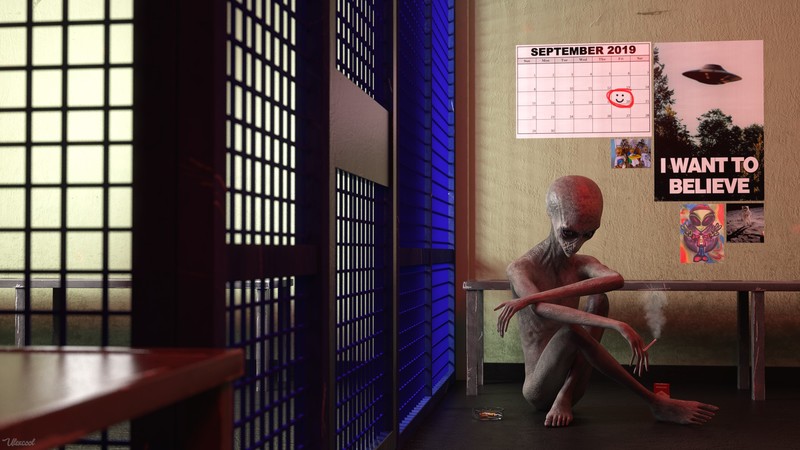 CGI, area 51, memes, aliens, prison, prisoners, smoking, waiting, poster, calendar, bench, eyes, smoke, dark humor