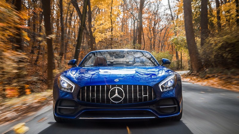 car, Mercedes-Benz, Mercedes-AMG, Mercedes-AMG GT, road, motion blur, blue, blue cars, front angle view, frontal view, trees, fall