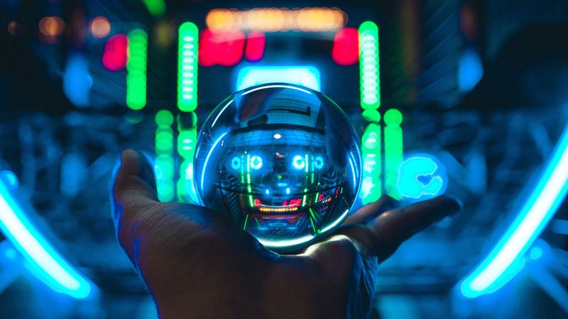 ball, glass, hand, neon, transparent, 4k