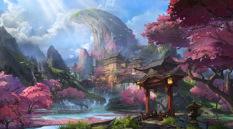 artwork, fantasy art, Chinese architecture, mountains, cherry blossom, river