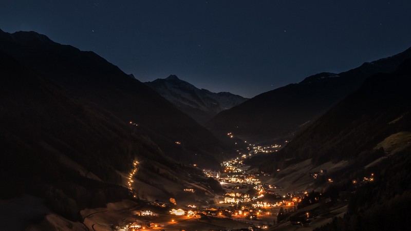 mountains, night, sky, valley, landscape, town, city lights