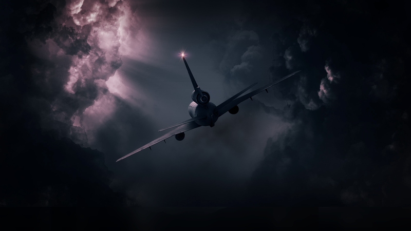 plane wing, airplane, clouds, sky, storm, dark