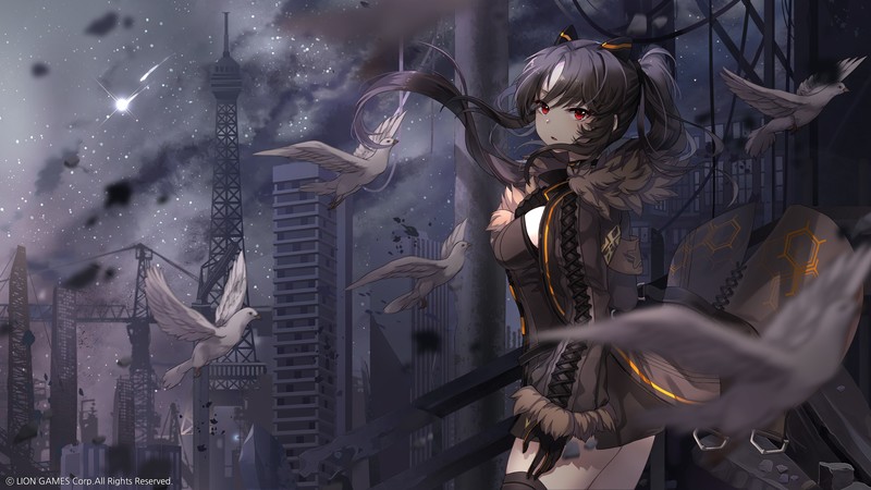 anime, anime girls, digital art, artwork, 2D, mmorpg, Soul Worker, red eyes, black hair, birds, pigeons, skyscraper
