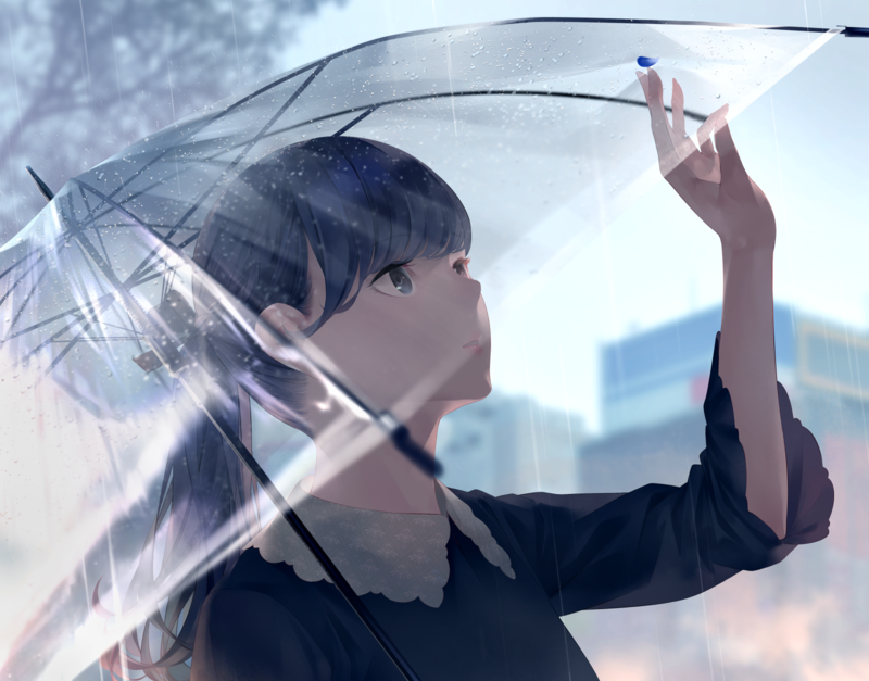 anime, anime girls, dark hair, blue eyes, umbrella, rain, water drops, ponytail
