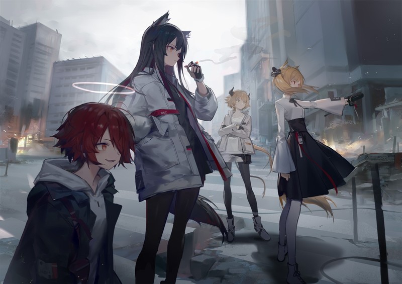 anime, anime girls, digital art, artwork, portrait, 2D, Arknights, Texas (Arknights), Exusiai (Arknights), Sora(Arknights), Croissant(Arknights)