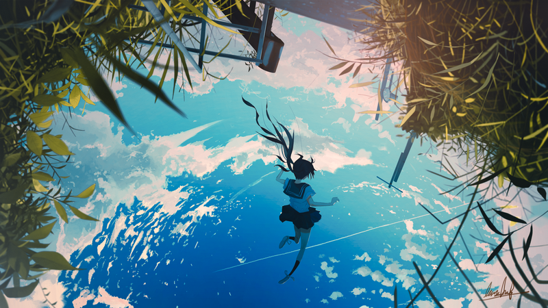 anime, anime girls, sailor uniform, long hair, dark hair, sky, clouds, summer, original characters