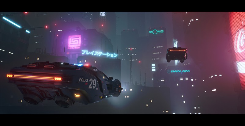Jake Woodruff, futuristic city, futuristic, aircraft, city, neon, police cars, The Fifth Element