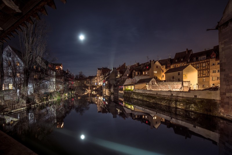 Nuremberg (City), Bavaria, city, cityscape, Germany, night, river, reflection, water