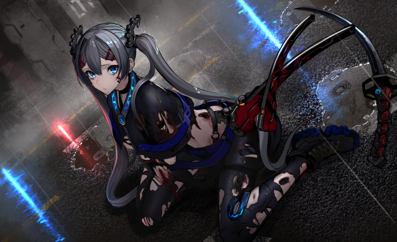aqua eyes, black hair, twintails, katana, torn clothes