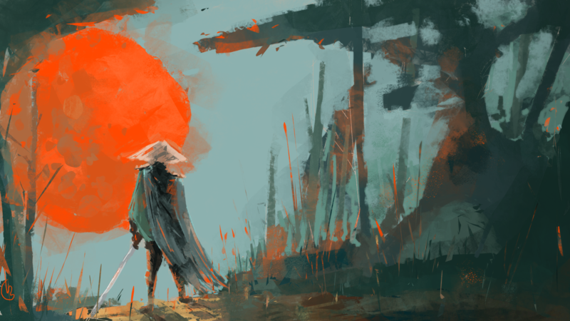 digital art, samurai, Sun, trees, painting