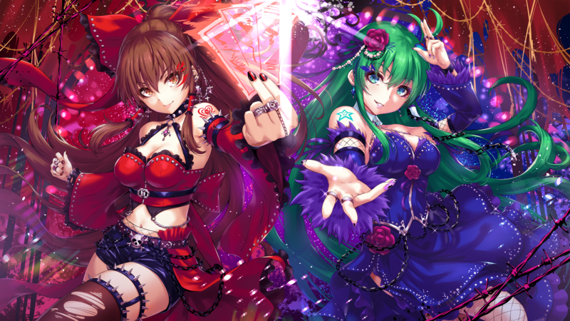 Touhou, Kochiya Sanae, Hakurei Reimu, green hair, aqua eyes, brunette, blue dress, red dress, colored nails, long hair, sakiyamama