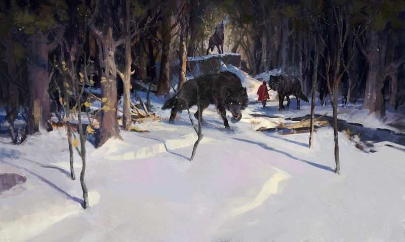 Little Red Riding Hood, snow, wolf, forest, trees, cape, blood, fairy tale, environment, red, digital art