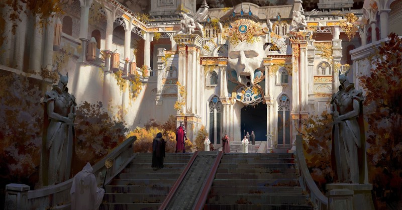 face, environment, statue, stairs, knight, priest, religious, fantasy art, weapon, palace, temple, armor, pillar