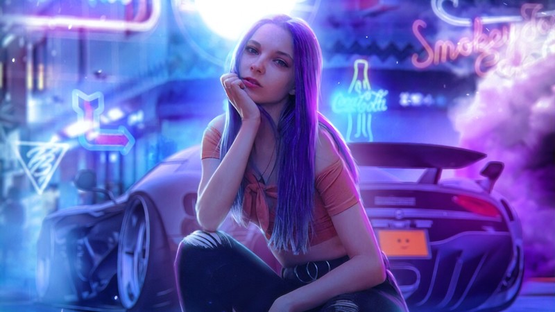 digital, digital art, artwork, Photoshop, Photorealism, photomontage, photo manipulation, model, women, futuristic, neon, neon lights, colorful, glowing, car, vehicle, transport, supercars, Super Car, neon sign, environment, concept art, long hair, bokeh, cyan