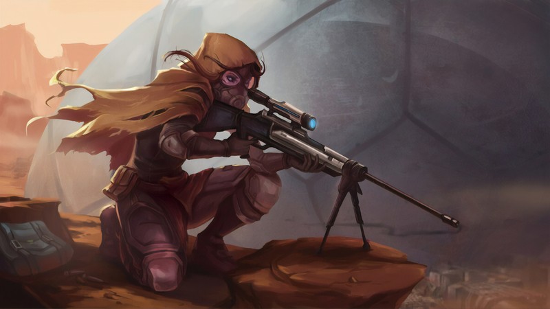 digital, digital art, artwork, drawing, digital painting, women, fantasy girl, fictional, fictional character, character design, weapon, snipers, sniper rifle, mask, gas masks, Girl With Weapon, shooting, environment, concept art, canyon, illustration, science fiction, nature, warrior, warrior girls, soldier, female soldier