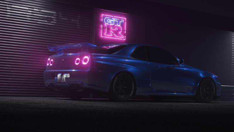 digital, digital art, artwork, Photoshop, retouching, Photorealism, photography, photomontage, dark, urban, car, vehicle, neon, neon lights, glowing, lights, night, concept car, concept cars, Nissan, neon sign, Nissan GT-R, Nissan GTR R34, CGI