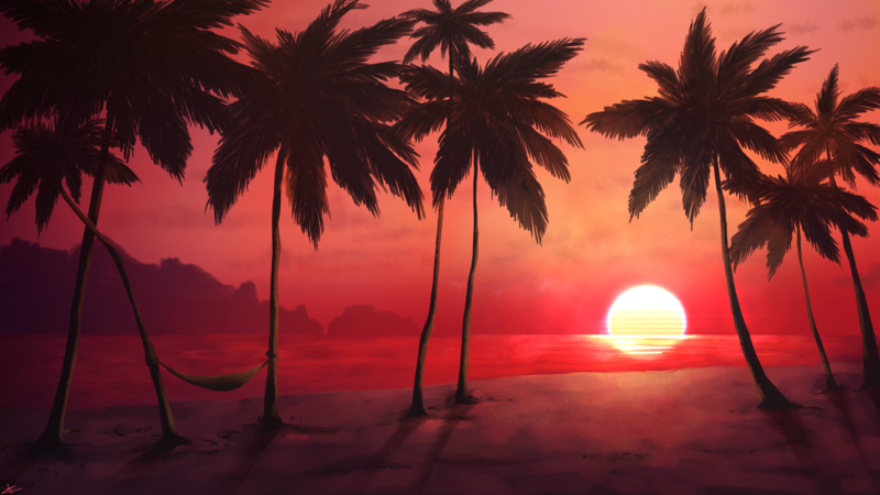 digital, digital art, artwork, drawing, painting, digital painting, summer, trees, palm trees, dark, dusk, Sun, sun rays, sunset, evening, sunrise, water, sea, reflection, sand, beach, landscape, nature, warm, warm colors, red, sunlight, tropical, Tropical Vacation, tropical water