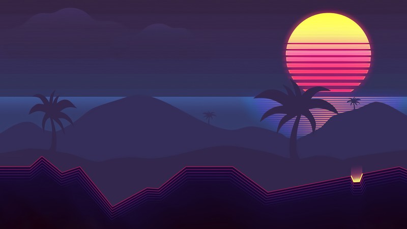 digital, digital art, artwork, landscape, Sun, sun rays, sunset, dusk, dark, evening, water, sea, relfection, trees, palm trees, neon, neon lights, mountains, minimalism, vaporwave, Retrowave, synthwave, 1980s, 80s