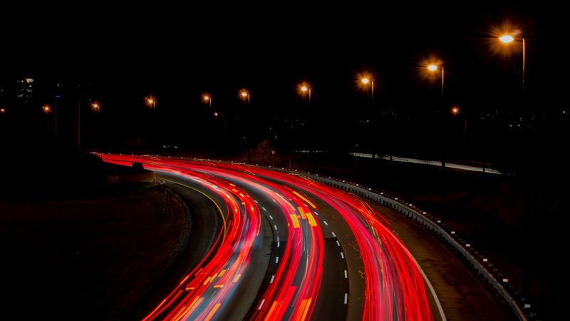 road, turn, backlight, night, long exposure, 4k