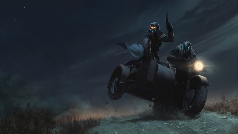 digital, digital art, artwork, drawing, digital painting, motorcycle, motorcyclist, vehicle, transport, nature, night, midnight, weapon, pistol, mask, gas masks, people, soldier, night sky, sky, lights, environment, concept art, illustration