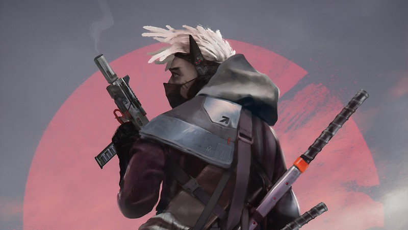 digital, digital art, artwork, drawing, digital painting, fictional, fictional character, character design, original characters, Ninja, sword, weapon, futuristic armor, futuristic, cold, cyberpunk, Japanese, men, warrior, katana, environment, concept art, red, gray