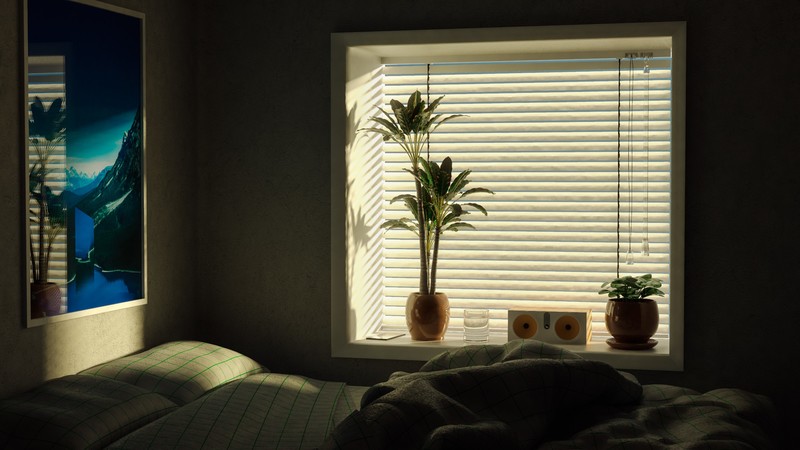 bedroom, room, plants, bed, poster, palm trees, sunrise, interior, interior design, CGI, digital art
