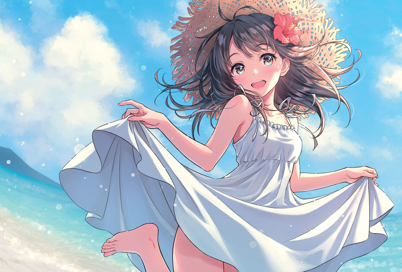 brunette, brown eyes, white dress, straw hat, anime girls, Morikura En