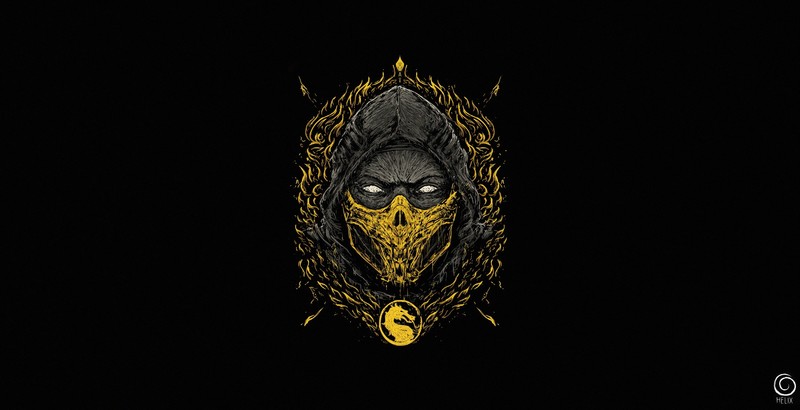 video games, simple background, artwork, video game art, Mortal Kombat, Video Game Warriors, scorpion, Scorpion (character), yellow