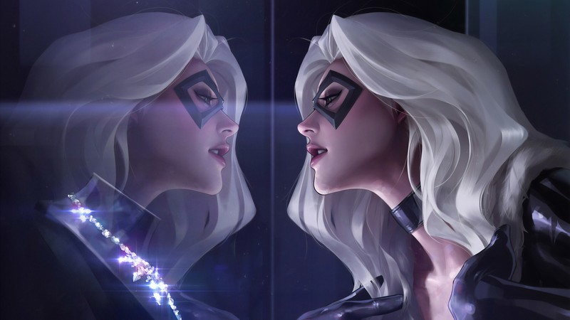 digital, digital art, artwork, drawing, digital painting, Black Cat, Marvel Comics, Felicia Hardy, fictional, fictional character, character design, women, fantasy girl, comic art, comics, concept art, reflection, white hair, long hair, lights