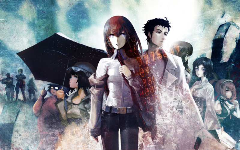 Steins;Gate, anime, group of people, Makise Kurisu, Okabe Rintarou, Shiina Mayuri, Rintaro Okabe, Hashida Itaru, Kiryuu Moeka, Urushibara Ruka, Faris Nyannyan, text, Amane Suzuha, white shirt, white clothing, umbrella, numbers