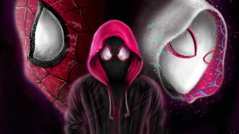digital, digital art, artwork, Marvel Comics, comics, drawing, digital painting, fictional, fictional character, fictional characters, Spider-Man, Spider Gwen, Spider-Gwen, Peter Parker, Miles Morales, Gwen, Gwen Stacy, hoods, fan art, movie characters, Spider-Man: Into the Spider-Verse, superhero, superheroines, illustration, character design, concept art, comic art