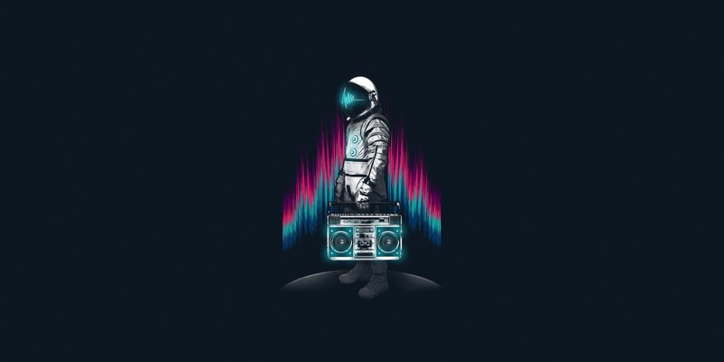 astronaut, music, artwork, simple background, boombox