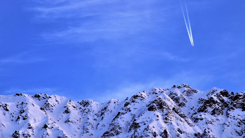mountain, snow, plane, sky, snowy, flight, peak, 4k