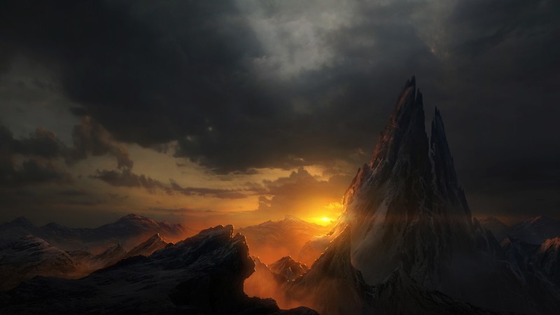 artwork, mountains, sunlight, dark, digital art, nature