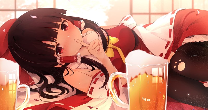 anime, anime girls, digital art, artwork, Touhou, Hakurei Reimu, finger on lips, beer
