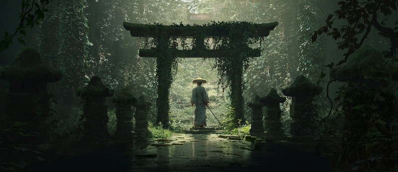 digital, digital art, artwork, oriental, Asian, Asian architecture, nature, lights, landscape, dark, trees, plants, shrine, sun rays, samurai, warrior, fantasy art, Fantasy Men, outdoors, environment, concept art, illustration, palace, temple, katana, pond, torii, men, men outdoors, forest
