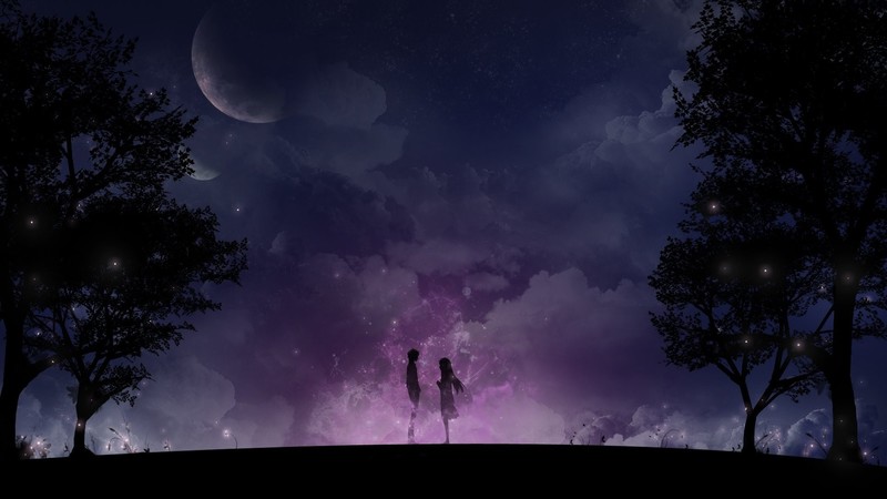 love, couple, night, Moon, clouds, mist