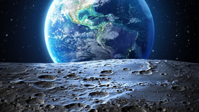Earth, planet, space, Moon, crater, stars, North America, South America, cyan, blue