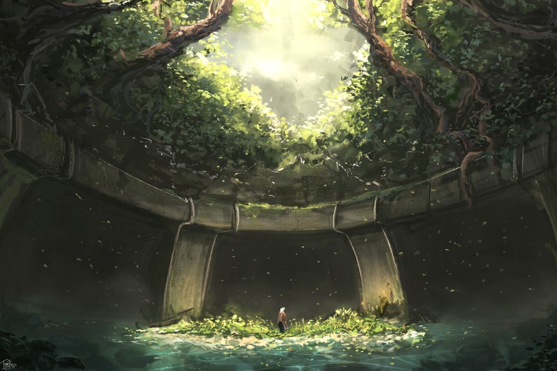 Tommy Chandra, rabbits, ruins, forest, digital art, water, roots, leaves