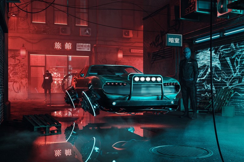 digital, digital art, artwork, Photoshop, dark, blue, red, reflection, vehicle, car, futuristic, futuristic armor, neon, neon lights, lights, building, city, city lights, urban, cyber, cyberpunk, Dark Cyberpunk, science fiction, water, floating, glowing