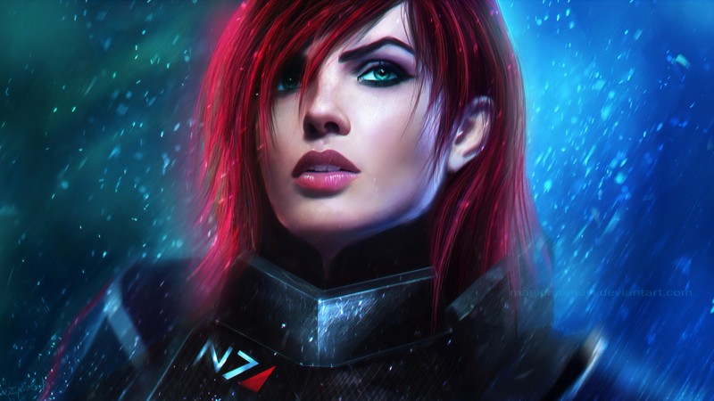 digital, digital art, artwork, fantasy art, drawing, digital painting, women, fantasy girl, fictional, fictional character, character design, Mass Effect, video game characters, video games, game art, video game art, Commander Shepard, redhead, futuristic, futuristic armor, rain, colorful, surreal, Jane Shepard, MagicnaAnavi