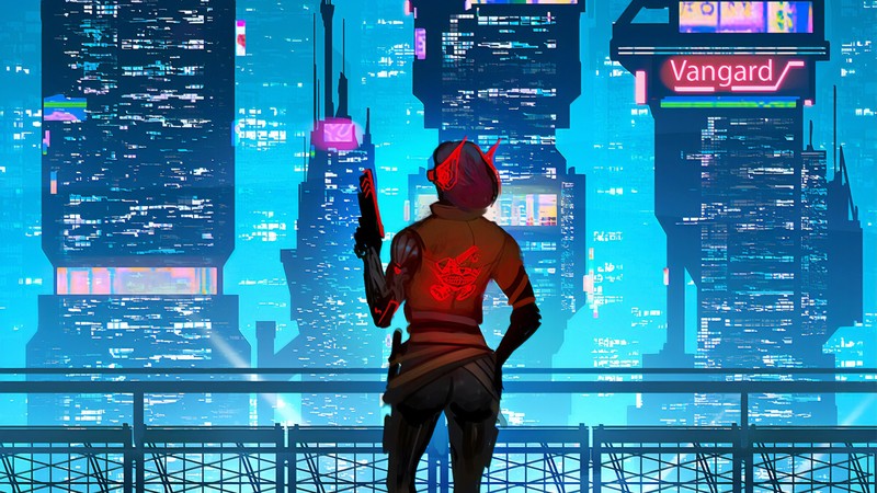 digital, digital art, artwork, drawing, digital painting, futuristic, futuristic armor, futuristic city, women, fantasy girl, neon, neon lights, lights, city, cityscape, architecture, building, tower, skyscraper, weapon, pistol, Girl With Weapon, techno punk, cyber, cyber city, cyberpunk, blue, red, colorful, glowing, valkyries, science fiction, environment, concept art, cyan