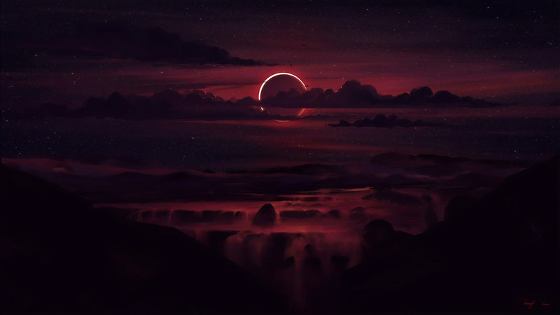 digital, digital art, fantasy art, drawing, painting, skyscape, eclipse, solar eclipse, clouds, dusk, night, dark, stars, starry night, night sky, Sun, sun rays, sea, waterfall, red, illustration, nature