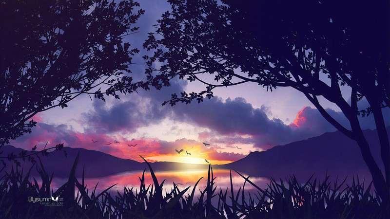 digital, digital art, artwork, Photoshop, photography, photomontage, retouching, summer, Sun, sun rays, sunset, sunrise, evening, dusk, birds, animals, flying, water, sea, mountains, clouds, sky, skyscape, silhouette, dreamscape, nature, landscape, shadow, trees, reflection, purple